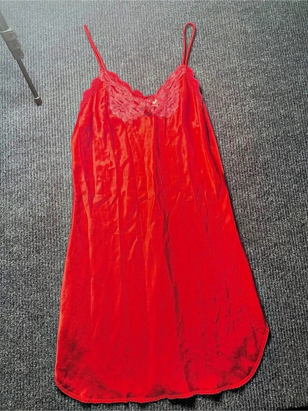 Vintage 80s 90s Formfit Red Satin Lace Slip Dress Nightie Rosette Detail